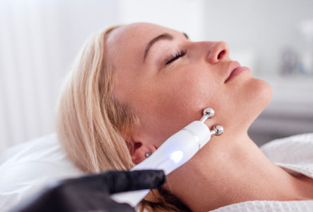 Cosmetology light equipment. Anti age and wrinkle. Microcurrent medicine treatment. Portrait of...