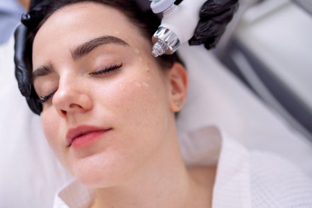 Caucasian woman getting face peeling procedure in a beauty clinic, close up. Rejuvenating facial gas...