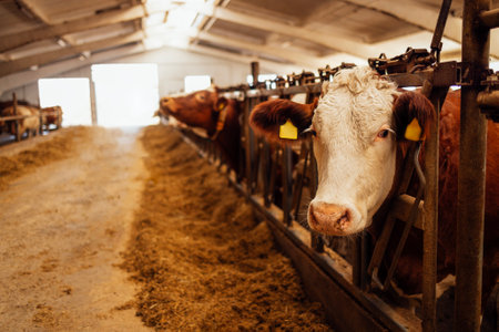 Close-up of a white and brown cow muzzle with identification tags in a closed cowshed. Pets are eating hay in the barn. Dairy cows on the farm. Cattleの写真素材