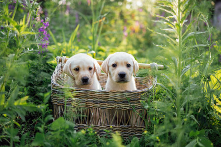 Two cute little puppies in a wicker basket. Pretty golden retriever dogs in the garden. Lovely pets among flowers and thick grass.の写真素材