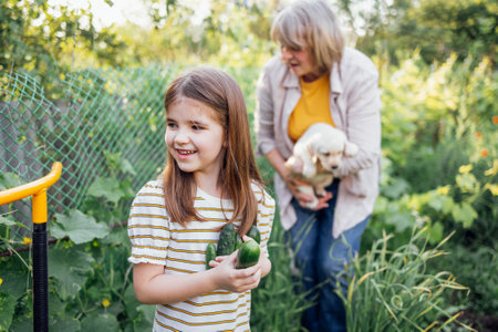 Little girl holds cucumbers and laughs in the garden. Mature woman holds golden retriever puppy outdoors. Sweet granddaughter is visiting her grandmother. Happy family is relaxing and having fun together.の写真素材