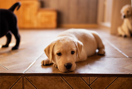 Close-up of a cute puppy on the floor of the house. A cute golden retriever dog in the room. A cute pet insideの写真素材