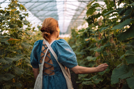 A young woman in an apron checks the cucumbers. An attractive farmer takes care of the plants in the greenhouse. Harvesting. The girl works on agricultural land. A female grows vegetables on a farmの写真素材