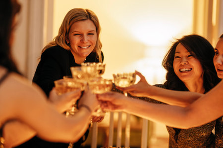 Young attractive women clink glasses of champagne. Charming multiethnic female friends in fancy dresses raise a toast at a bachelorette party. A fun party at home in the living room.の写真素材