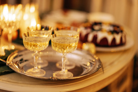 Close-up of four glasses of champagne on a beautiful metal tray. A festive cake, lighted candles and goblets of sparkling wine on the table. A holiday dinner or a party.の写真素材