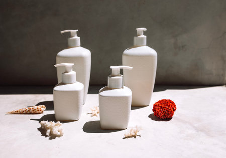 A collection of white mock-ups of jars with dispensers on a marble table. Models of cosmetic products in bright sunlight. Beige background with shells and corals. Copy spaceの写真素材