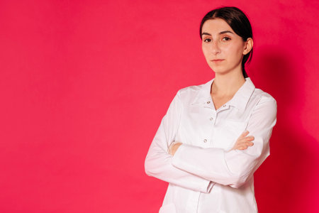 A girl in a white shirt has her arms folded and is posing against a pink background. A serious woman on a bright backdrop. Copy spaceの写真素材