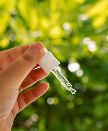 Close-up of a female hand with a dropper and moisturizing facial serum. A young woman holds a cosmetic product. Transparent vitamin essence for skin against a background of green bright leavesの写真素材