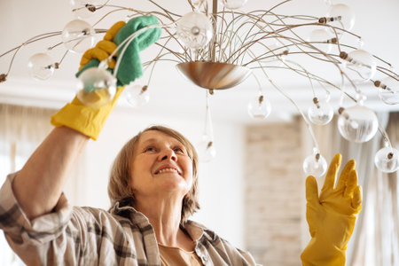 An elderly woman in casual clothes washes a chandelier in the living room. A mature lady with...