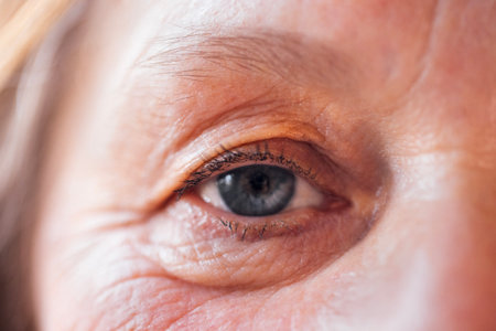 Close-up of an elderly woman blue eye. The face of a mature lady with facial wrinkles and no makeup....