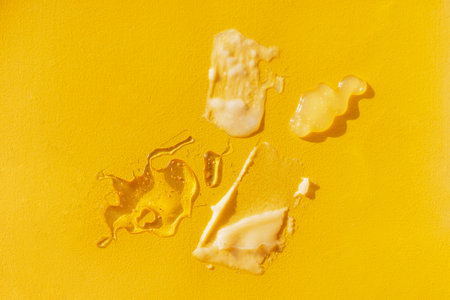 Different texture of gel and cream on a yellow background. Transparent and white serum with drops. The consistency of glycerin gel. Various smears of cream. Cosmetic productsの写真素材