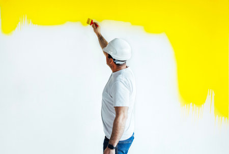 Professional painter paints wall with brush to the yellow color. Decoration and improvement office interior conceptの写真素材