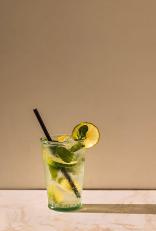 Close-up of a glass of delicious mojito with lime and fresh mint. Tasty lemonade with ice cubes on a marble table. A cup of cool citrus cocktail and a straw. Sour fizzy drink. Sunlightの写真素材