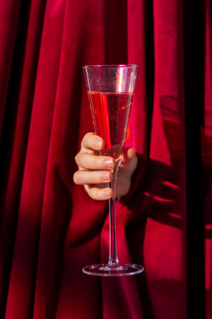 Close-up of an elegant glass with pink champagne. A female hand with a goblet of sparkling wine. A woman holds an alcoholic drink against the background of red curtains. Bright sunlightの写真素材