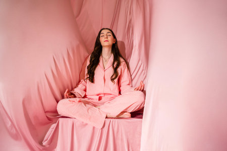 A young woman in pink suit sits cross-legged in lotus pose. The calm girl closes her eyes and meditates. A lovely lady relaxes against a backdrop of airy pink fabricの写真素材