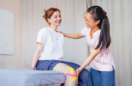 Smiling young girl with knee injury at examination by doctor. Korean attach kinesiology tape to...