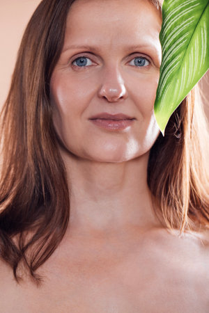 A middle-aged woman poses on a neutral beige background with a green leaf. A young calm lady with natural makeup looks straight into the camera. A female with bare shoulders and a Calathea leafの写真素材