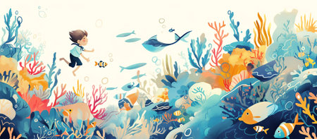 Child is swimming in clear water, surrounded by vibrant coral reefs and diverse fish species, showing the beauty of marine life and underwater exploration, AI generatedの素材