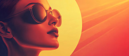 Fashionable female figure in sunglasses, looking at a stunning sunset, surrounded by warm colors, creating a serene and inviting ambiance for summer enjoyment, AI generatedの素材