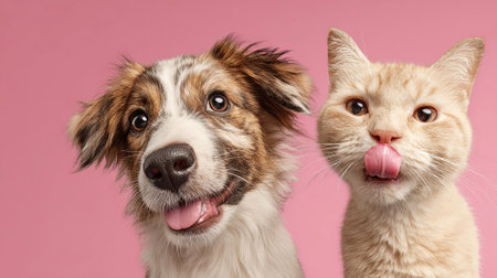 Happy dog and cat pair are posing together, displaying playful expressions, with a bright pink backdrop enhancing their charming features and playful nature, AI generatedの素材