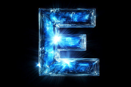 Artistic representation of letter E crafted from blue ice, illuminated with sparkling light effects against a dark background, creating a visually striking composition, AI generatedの素材