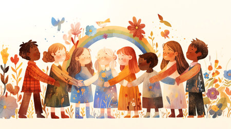 Diverse group of children holding hands in an illustrated scene, surrounded by flowers and a rainbow, representing friendship and unity in a joyful atmosphere, AI generatedの素材