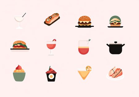 Flat illustration featuring an array of food items like burgers, cocktails, sushi, and desserts on a soft pink backdrop, highlighting vibrant culinary variety, AI generatedの素材