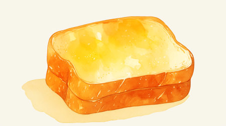 Watercolor illustration features two slices of buttered toast, stacked together, highlighting the golden crust and rich texture of the butter spread on top, AI generatedの素材