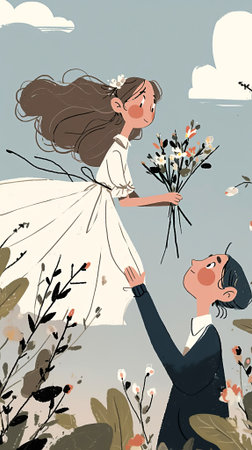 A couple is depicted in a whimsical illustration, with the woman in a flowing white dress holding flowers, while the man lifts her in a romantic outdoor scene, AI generatedの素材