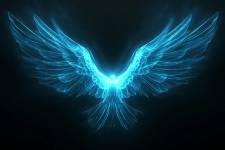 Glowing blue wings of a mythical creature are spread wide against a dark backdrop, evoking feelings of freedom, beauty, and ethereal wonder in this stunning illustration, AI generatedの素材