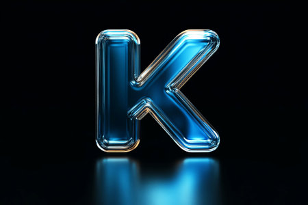 Glass letter K in blue hue, illuminated softly, casting reflections on dark surface, showcasing modern design and artistic flair in typography, AI generatedの素材