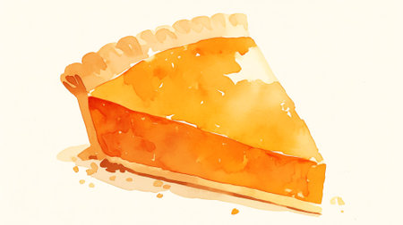 Illustration of a slice of pumpkin pie featuring rich orange filling and flaky crust, set against a soft light background, ideal for autumn food concepts, AI generatedの素材