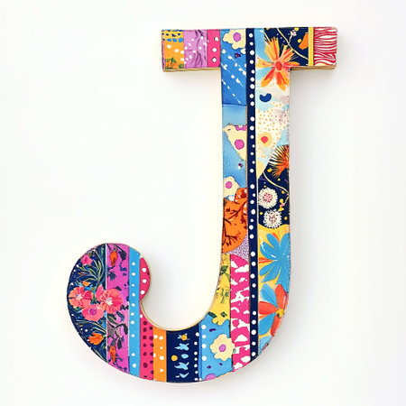 Decorative letter J crafted from assorted fabrics, featuring bright colors and floral patterns, perfect for artistic displays and personalized home decor, AI generatedの素材