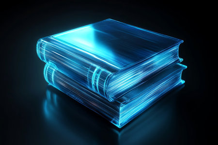 Glowing transparent books are stacked on a reflective surface, creating a futuristic ambiance with blue light effects, representing modern knowledge and digital literature, AI generatedの素材
