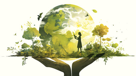 Child stands on hands holding a lush green planet, surrounded by trees and plants, representing the importance of environmental protection and sustainability for future generations, AI generatedの素材