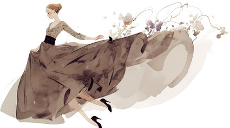 Woman in flowing dress dances amidst delicate floral elements, capturing the essence of elegance and creativity in a whimsical illustration style, AI generatedの素材