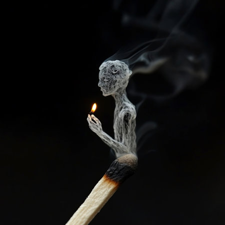 Unique illustration featuring a matchstick with a smoke figure holding a flame, representing creativity and inspiration in a visually striking dark environment, AI generatedの素材