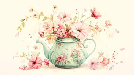 Charming vintage teapot illustrated with beautiful flowers and petals, creating a whimsical scene that captures the essence of nature's elegance and artistry, AI generatedの素材