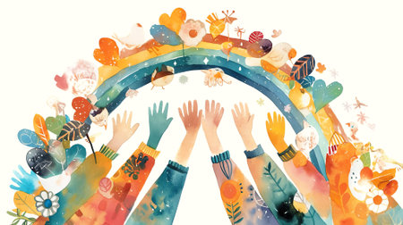Vibrant illustration featuring diverse hands reaching for a rainbow, surrounded by flowers and leaves, conveying a message of unity and positivity in a cheerful setting, AI generatedの素材