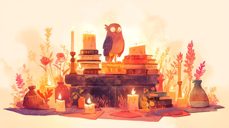 Whimsical illustration showcases an owl on books, surrounded by candles and flowers, creating a magical ambiance perfect for storytelling and creativity, AI generatedの素材