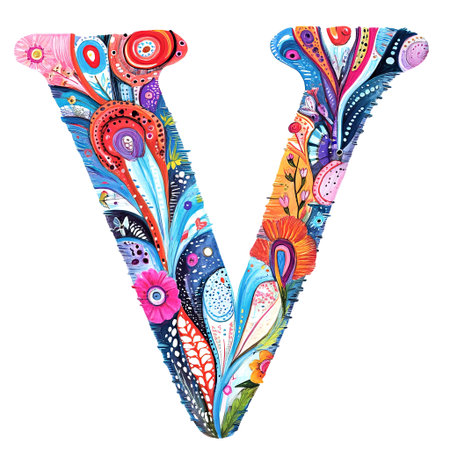 Vibrant floral illustration of letter V, adorned with intricate patterns and colorful designs, surrounded by nature-inspired elements and artistic flair, AI generatedの素材
