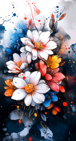 Colorful watercolor illustration features a bouquet of flowers with detailed petals and vibrant hues, surrounded by artistic paint splashes, evoking a sense of creativity and beauty, AI generatedの素材
