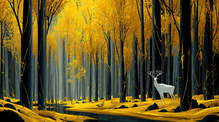 A majestic white deer is positioned in an autumn forest filled with golden foliage and tall trees, creating a peaceful and enchanting atmosphere, AI generatedの素材