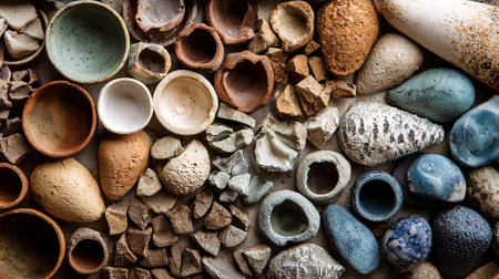 An artistic arrangement of diverse pottery pieces and stones, displaying unique textures and colors, perfect for creative projects and visual storytelling, AI generatedの素材