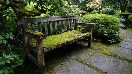 Wooden bench adorned with moss is nestled in a vibrant garden, surrounded by lush greenery and colorful plants, inviting peaceful moments in nature, AI generatedの素材