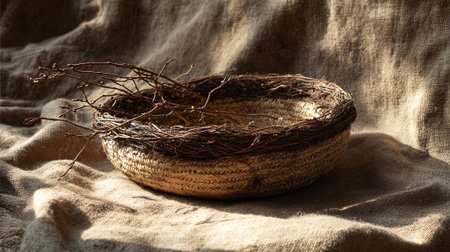 Natural fiber basket with twigs inside, placed on textured fabric, highlighting rustic design and artisanal craftsmanship, creating a warm and inviting atmosphere, AI generatedの素材