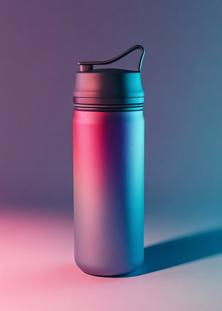 Modern stainless steel water bottle showcases a vibrant gradient design with a secure lid and ergonomic handle, highlighted by colorful ambient lighting, AI generatedの素材