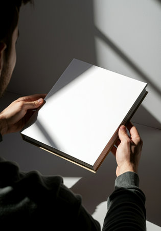Individual is holding a blank book in natural light, emphasizing the clean design and inviting creativity, perfect for artistic and inspirational themes, AI generatedの素材