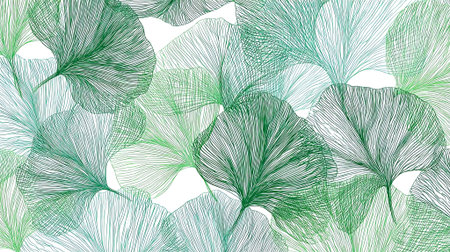 Beautiful abstract illustration featuring green and gray leaves with fine line details, ideal for nature-inspired designs and backgrounds, evoking tranquility and elegance, AI generatedの素材