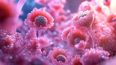 Stunning pink flowers display intricate textures and delicate details, creating a mesmerizing scene filled with soft light and vibrant colors, evoking a sense of wonder and tranquility, AI generatedの素材